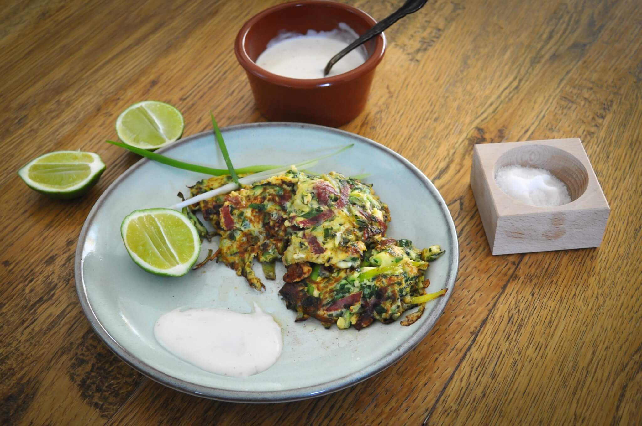 Zucchini fritters with danish salami