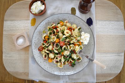 Orecchiette with Dutch Salami, Kale, and Cherry Tomatoes