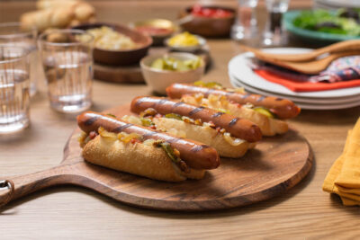 loaded bratwursts with caramelised onions