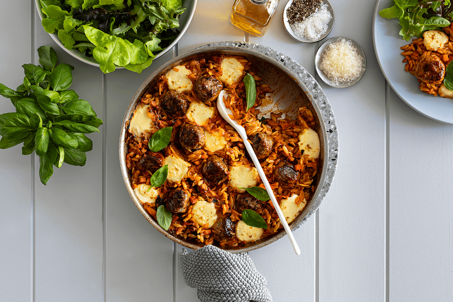 One Pan Italian meatballs, with Orzo & Mozzarella