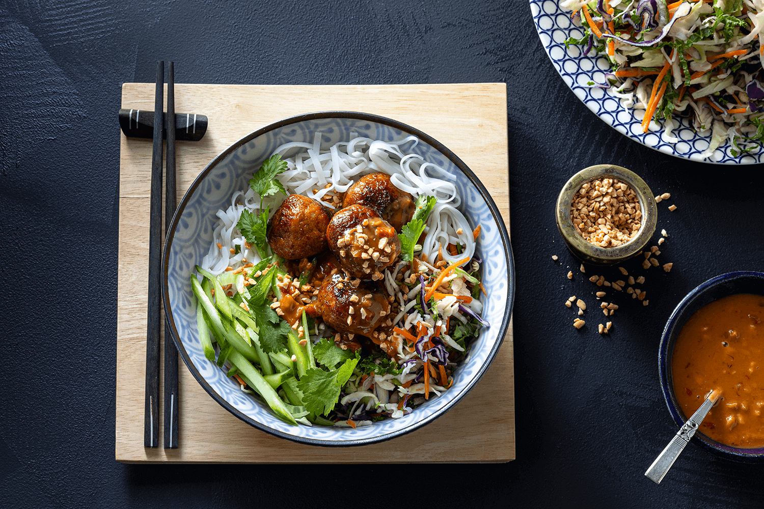 Hellers Great Balls of Fire Meatballs with Quick Rice Noodle Salad & Chopped Peanuts