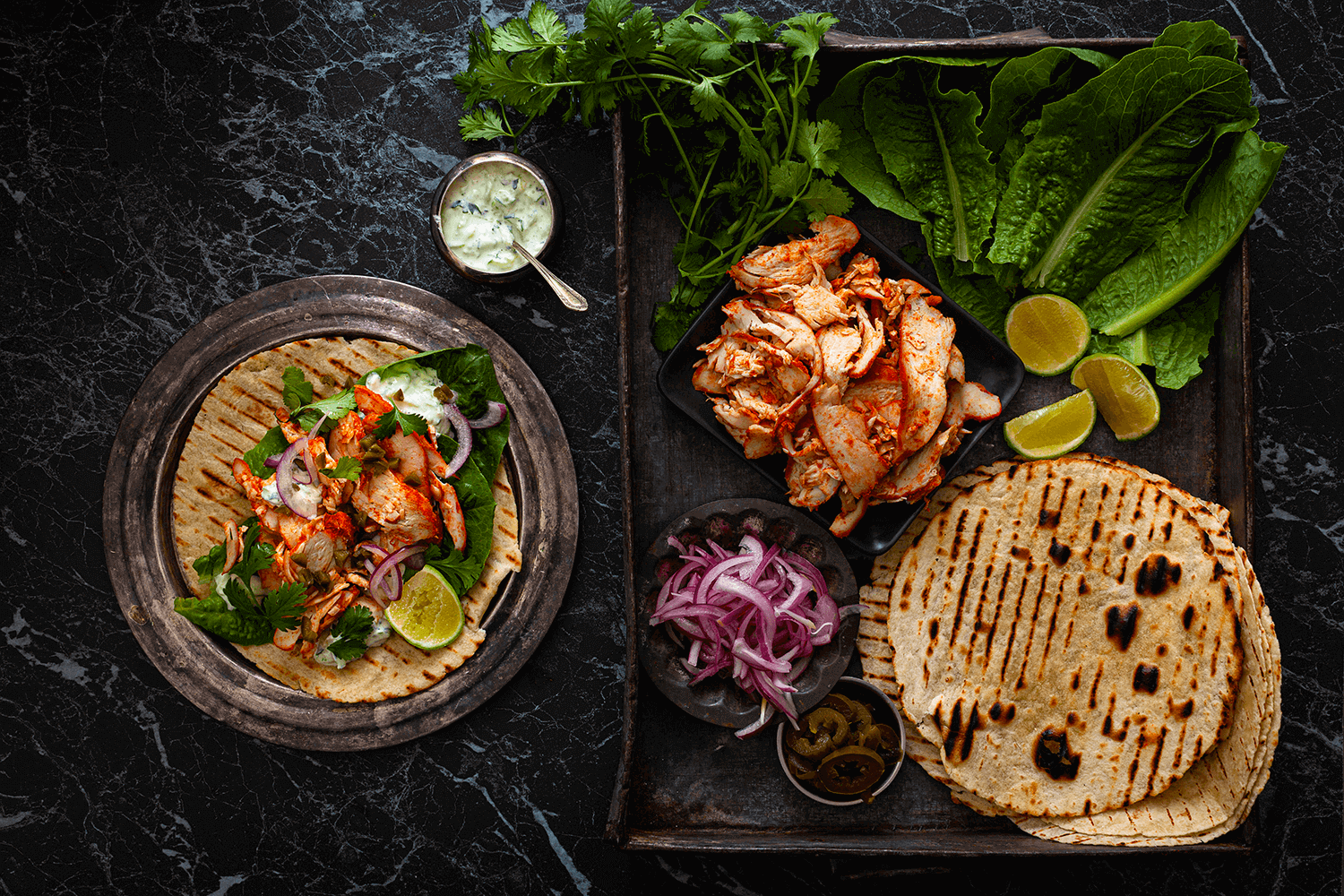 Tandoori Chicken Roti Wraps, Cucumber Yoghurt, & Jalapenos