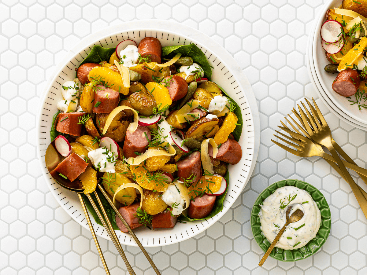 German Style Potato and Bratwursts Salad with Creamy Dill Pickle Dressing