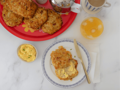 Buttered Cheese and Bacon Scones on a plate