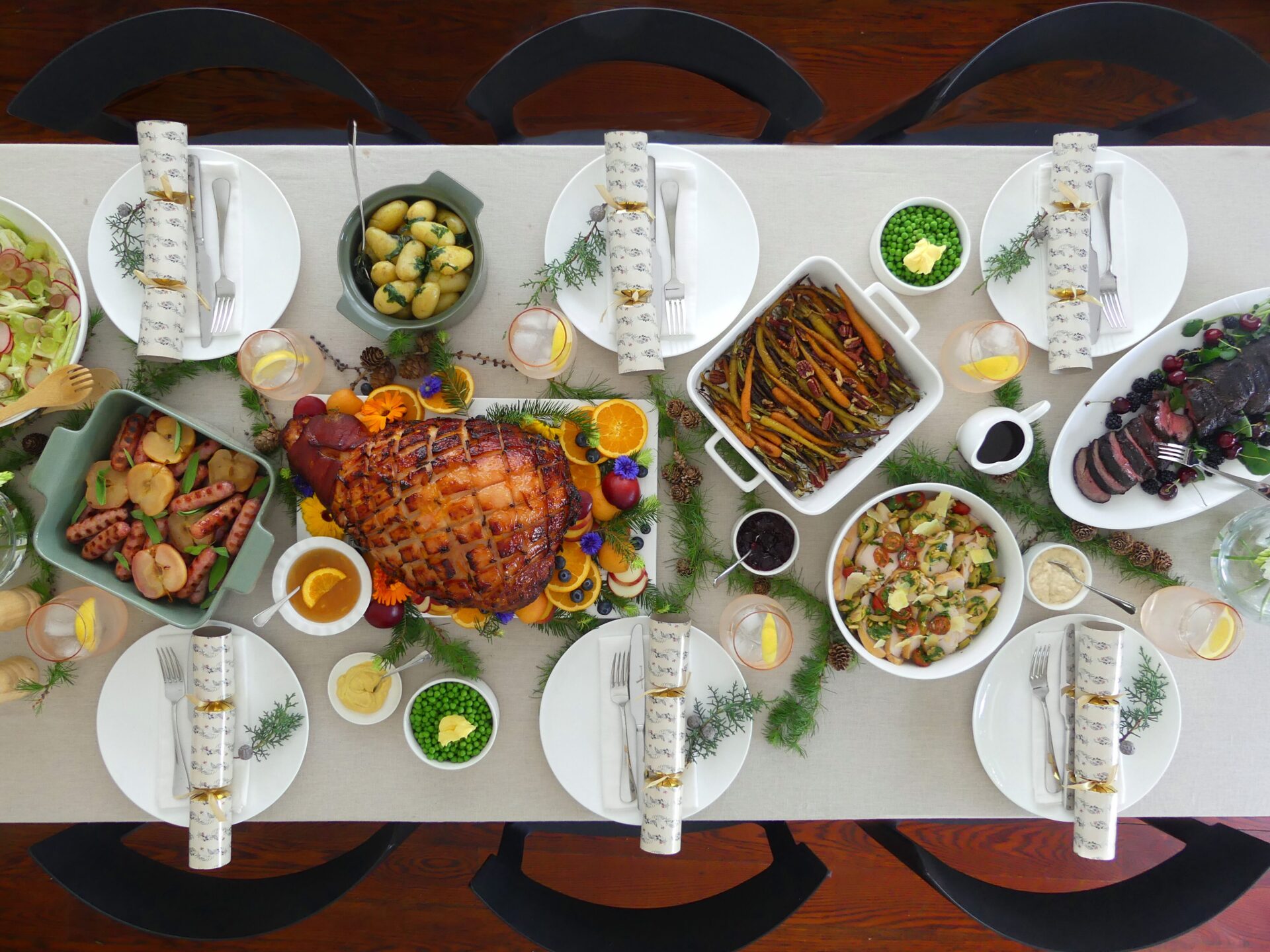 Christmas table featuring hellers christmas ham and hellers precooked sausages